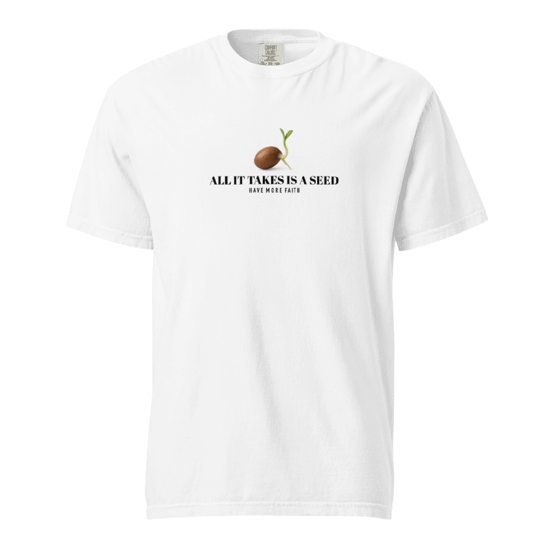 White scripture t shirt with a seed