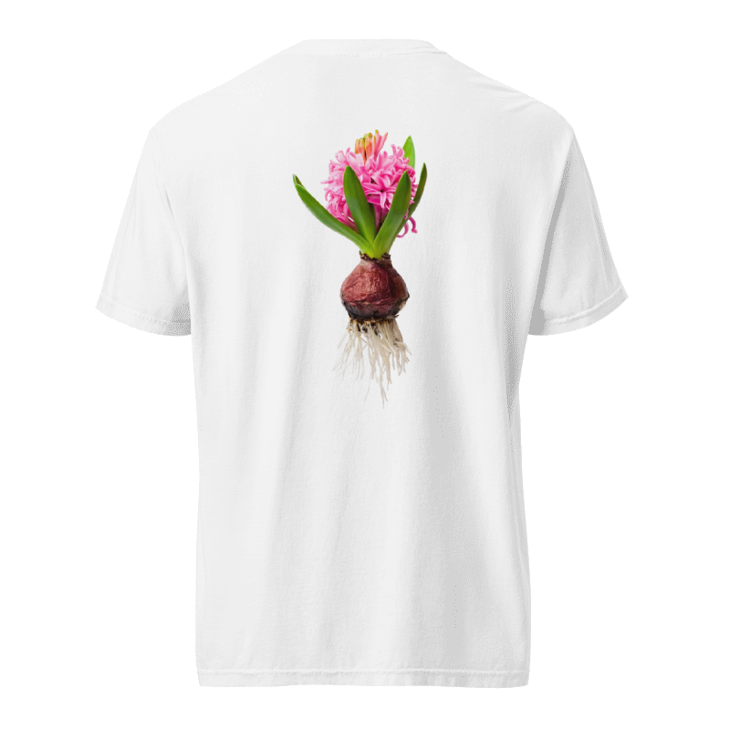 Back of a white scripture tshirt with plant