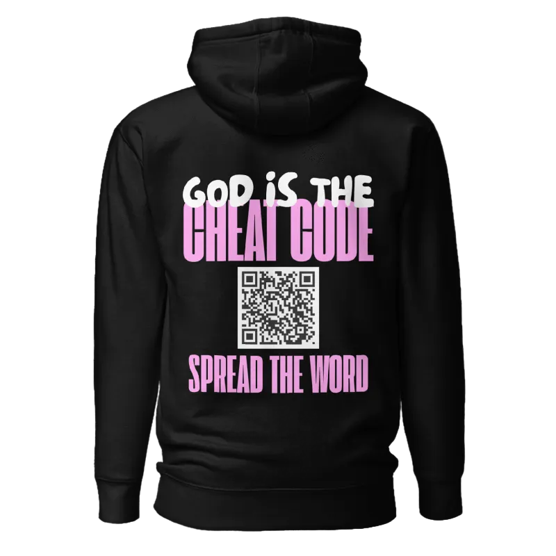 A black pullover hoodie shown from the back, featuring a graphic print with the text 'GOD IS THE GREAT CODE' and 'SPREAD THE WORD' in white and pink, with a QR code in the center.