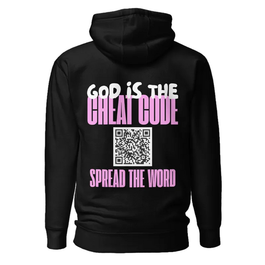 A black pullover hoodie shown from the back, featuring a graphic print with the text 'GOD IS THE GREAT CODE' and 'SPREAD THE WORD' in white and pink, with a QR code in the center.