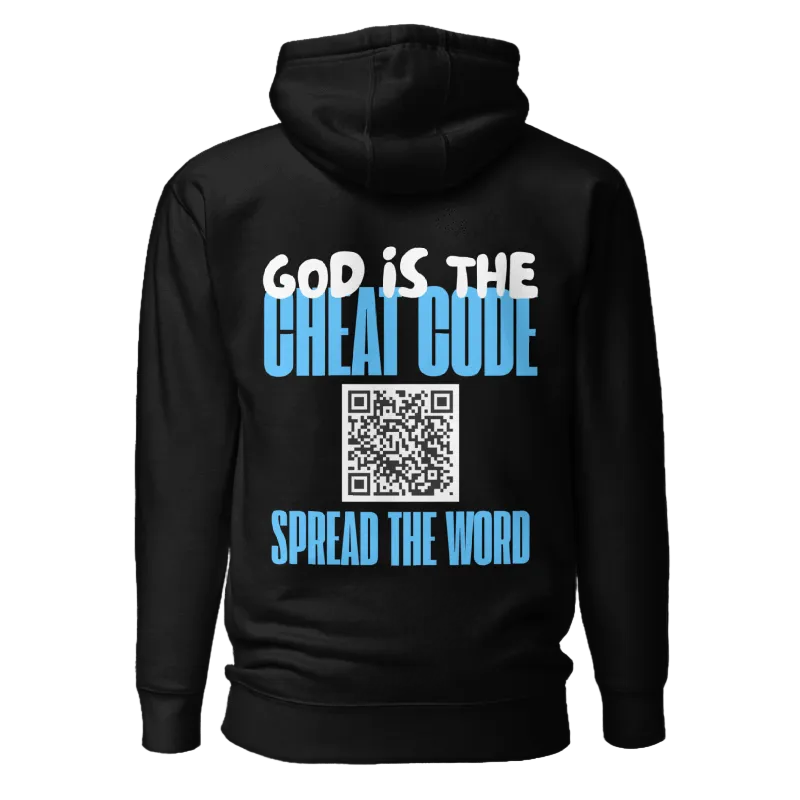 A black pullover hoodie shown from the back, featuring a graphic print with the text 'GOD IS THE GREAT CODE' and 'SPREAD THE WORD' in white and light blue, with a QR code in the center.