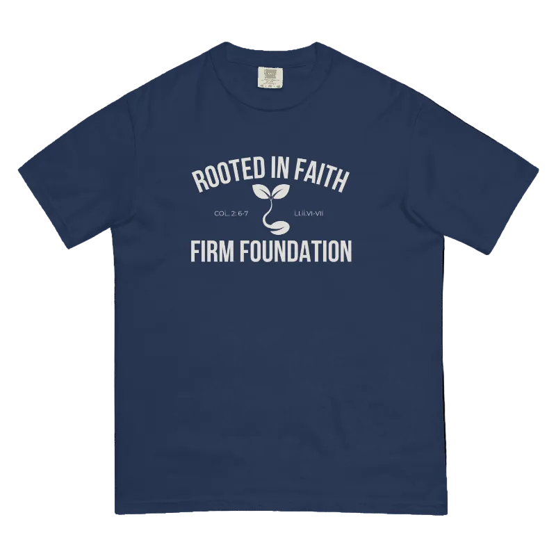 A navy blue short-sleeve t-shirt with a white graphic print on the front reading 'ROOTED IN FAITH' and 'FIRM FOUNDATION' around a small sprout design, shown on a plain white background.