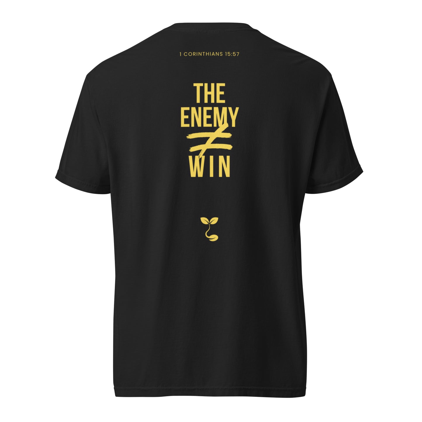 black t shirt with yellow text christian apparel